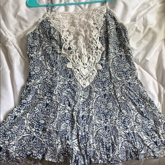 Blue and White Printed Romper with Crochet front - Picture 1 of 2